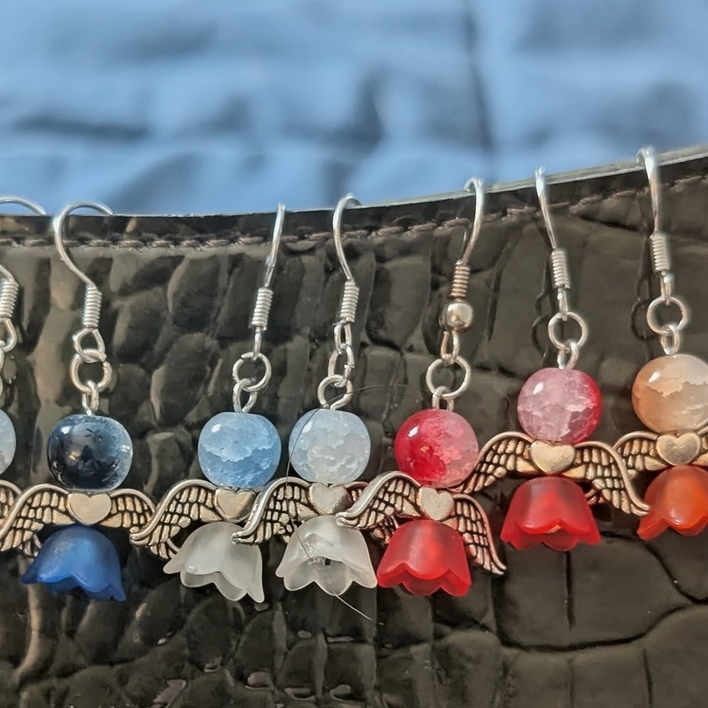 Handmade Angel Wing Bead Drop Earrings - Red, Blue, White, Orange